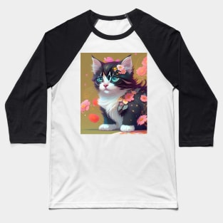 Beautiful Calico Kitten with Flowers - Modern Digital Art Baseball T-Shirt